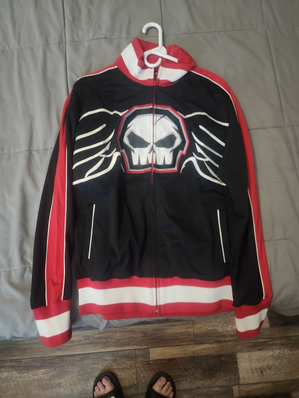No Fear Men's Black and Red Skull Graphic Track Jacket
